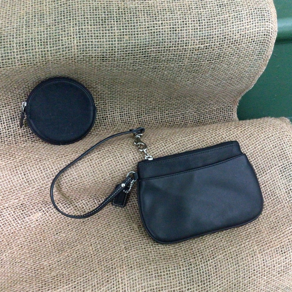 Coach Black Leather Card Case Zip Pouch with Wristlet Strap & Round Coin Pouch
